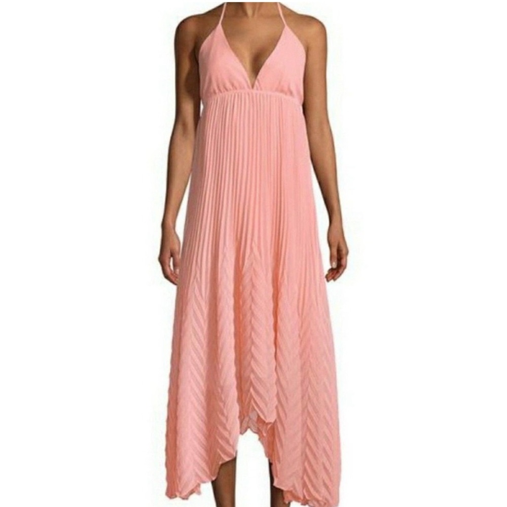 Alice + Olivia Adalyn Perfect Pink Chiffon Pleated Chevron Halter Dress, size 4